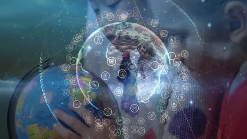 Two girls leaning in for globe learning, activating holographic earth projection with network icons. Educational, exploration, technology, innovation, teamwork, futuristic, classroom - Powered by Shutterstock - Get 15% off with code: PIKWIZARD15