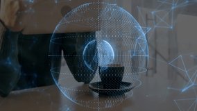 Man lifting tablet and tapping screen while spinning holographic 3D globe overlay for tech demo. Technology, innovation, digital, futuristic, interface, design, connectivity - Powered by Shutterstock - Get 15% off with code: PIKWIZARD15