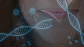 Woman starting smile and guiding DNA helix, molecular icons and code overlays in genetics interface. Futuristic, biotechnology, innovation, digital, science, laboratory, technology - Powered by Shutterstock - Get 15% off with code: PIKWIZARD15