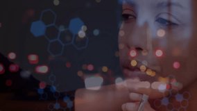 woman holding makeup brush to jawline, applying strokes in tech scene shifting code graph overlays. Futuristic, technology, skincare, digital, innovation, algorithm, aesthetic - Powered by Shutterstock - Get 15% off with code: PIKWIZARD15