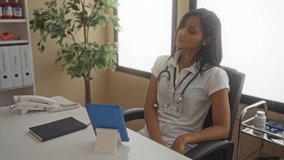 Woman resting in clinic with stethoscope around neck, tablet on desk and folders in background, illustrating relaxation during work in a healthcare setting. - Powered by Shutterstock - Get 15% off with code: PIKWIZARD15