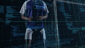 Tech-driven soccer player reacting to code overlay near goalpost rival scanning before both leaping. Futuristic, competitive, digital, innovation, athleticism, esports, technology - Powered by Shutterstock - Get 15% off with code: PIKWIZARD15