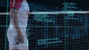 Athlete tracking ball descent and adjusting stance allowing control by net, code animating tech. Sports, technology, innovation, digital, cyber, visualization, performance - Powered by Shutterstock - Get 15% off with code: PIKWIZARD15