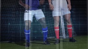 Two soccer defenders tracking arcing ball against big data overlay, leaping for clearance. Sports, teamwork, technology, digital, defense, athleticism, stadium - Powered by Shutterstock - Get 15% off with code: PIKWIZARD15