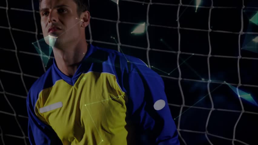 Keeper watching digital particles forming globe over net, leaping catching ball in sports analysis. Technology, innovation, sports, motion, futuristic, digital, athletic