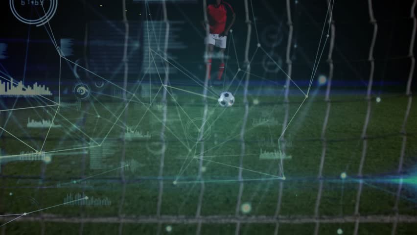 Male soccer player running for free kick activating analytics overlay highlighting ball trajectory. Athletic, sport, competition, digital, technological, performance, outdoor - Powered by Shutterstock - Get 15% off with code: PIKWIZARD15