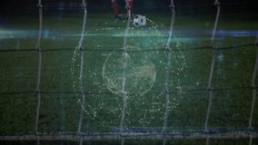 Soccer player planting foot striking ball for sports analytics with globe, code tracking trajectory. Athletics, technology, futuristic, competition, strategy, performance, innovation - Powered by Shutterstock - Get 15% off with code: PIKWIZARD15