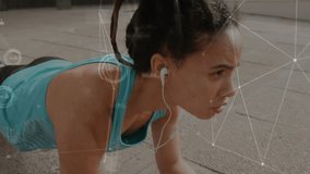Woman holding plank on walkway, initiating animated fitness biometric network graphics intensifying. Fitness, workout, athleticism, digital, innovation, strength, training - Powered by Shutterstock - Get 15% off with code: PIKWIZARD15