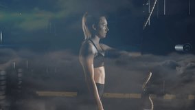 Female athlete gripping plate in fitness gym, lifting for chest stretch while digital lines pulsing. Strength, fitness, digital, technology, endurance, vitality, motion - Powered by Shutterstock - Get 15% off with code: PIKWIZARD15