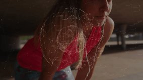 Female athlete propping hands on knees underpass initiating rotating wireframe sphere for tech demo. Futuristic, technology, innovation, digital, network, connectivity, abstraction - Powered by Shutterstock - Get 15% off with code: PIKWIZARD15