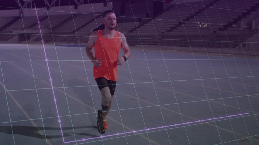 Runner entering track starting data grid and line graph overlay tracking sports performance metrics. Athletics, performance, technology, endurance, innovation, fitness, comparative