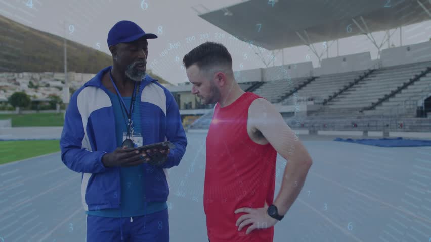 Coach tapping tablet showing sports pacing metrics for next sprint, athlete leaning following plan. Training, mentorship, performance, analytics, motivation, focus, teamwork