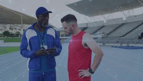 Coach tapping tablet showing sports pacing metrics for next sprint, athlete leaning following plan. Training, mentorship, performance, analytics, motivation, focus, teamwork - Powered by Shutterstock - Get 15% off with code: PIKWIZARD15