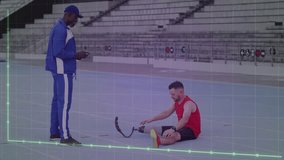 Coach tapping tablet guiding athlete stretching blade while live sports graph tracking performance. Athlete, coach, performance, biomechanics, rehabilitation, sports technology, motivation - Powered by Shutterstock - Get 15% off with code: PIKWIZARD15