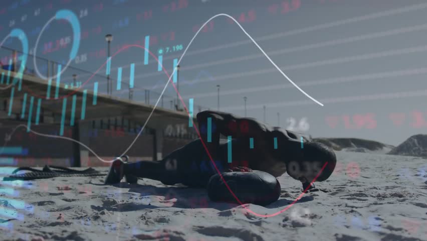 Male athlete moving plank into alternating sandbag push-ups beachside syncing finance charts rising. Fitness, athleticism, strength, outdoor, determination, motivation, wellness - Powered by Shutterstock - Get 15% off with code: PIKWIZARD15