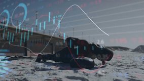 Male athlete moving plank into alternating sandbag push-ups beachside syncing finance charts rising. Fitness, athleticism, strength, outdoor, determination, motivation, wellness - Powered by Shutterstock - Get 15% off with code: PIKWIZARD15