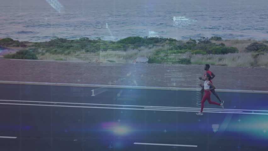 woman and man running along coastal road, activating tech analytics overlays under light beam sweep. Athletes, fitness, motion, digital, data, outdoor, wellness - Powered by Shutterstock - Get 15% off with code: PIKWIZARD15