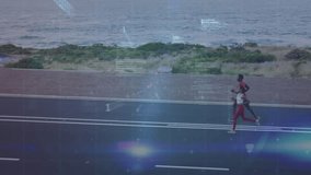 woman and man running along coastal road, activating tech analytics overlays under light beam sweep. Athletes, fitness, motion, digital, data, outdoor, wellness - Powered by Shutterstock - Get 15% off with code: PIKWIZARD15