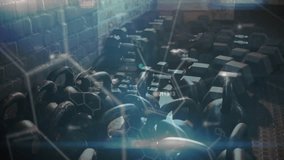 Close-up view starting binary molecular overlay flowing through weight rack revealing gym interior. Technology, fitness, digital, innovation, strength, data, modern - Powered by Shutterstock - Get 15% off with code: PIKWIZARD15