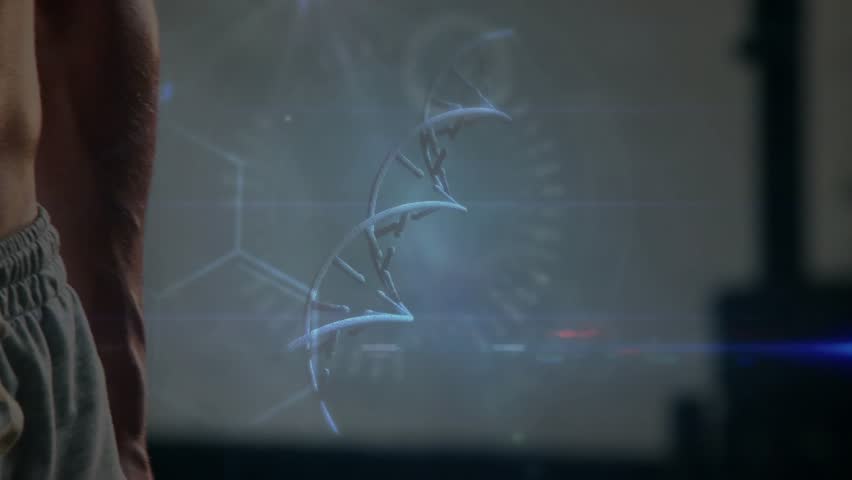 Fitness athlete gripping dumbbell and initiating holographic DNA helix scan for disease analysis. Muscle, technology, health, analysis, biometric, digital, strength - Powered by Shutterstock - Get 15% off with code: PIKWIZARD15