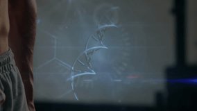 Fitness athlete gripping dumbbell and initiating holographic DNA helix scan for disease analysis. Muscle, technology, health, analysis, biometric, digital, strength - Powered by Shutterstock - Get 15% off with code: PIKWIZARD15