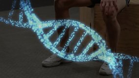 Rotating DNA helix overlaying code while man lifting dumbbell to show neural activation for health. Biomechanics, innovation, futuristic, fitness, technology, health, vitality - Powered by Shutterstock - Get 15% off with code: PIKWIZARD15