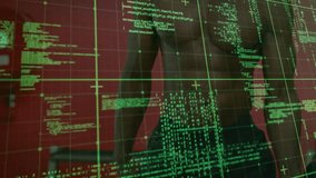 Man against red backdrop starting tech grid code scanning lifting arm logging nodes fading. Futuristic, interface, data visualization, digital, technology, analytical, innovation - Powered by Shutterstock - Get 15% off with code: PIKWIZARD15