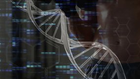 Rotating DNA helix linking genetics and performance as male wearing gloves performing bicep curls. Science, health, fitness, technology, biotechnology, engineering, wralldness - Powered by Shutterstock - Get 15% off with code: PIKWIZARD15