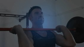 Man gripping red barbell starting overhead press for fitness analysis while animated helix rising. Strength, biomechanics, innovation, digital, vitality, performance, training - Powered by Shutterstock - Get 15% off with code: PIKWIZARD15