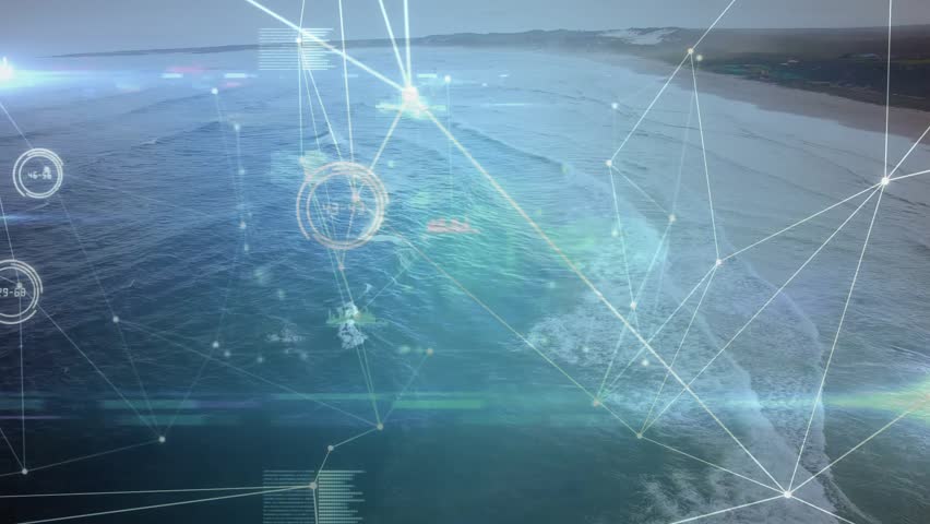 On aerial reveal network overlay mapping ocean nodes extending lines visualizing connectivity. Technology, connectivity, digital, innovation, data visualization, global, aerial - Powered by Shutterstock - Get 15% off with code: PIKWIZARD15