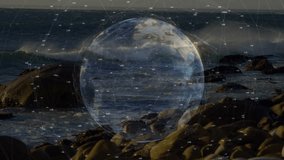 Starting with rocky coast at dusk, holographic globe fading in, rotating and pulsing data stream. Geography, technology, data visualization, digital artistry, innovation, marine, connectivity - Powered by Shutterstock - Get 15% off with code: PIKWIZARD15