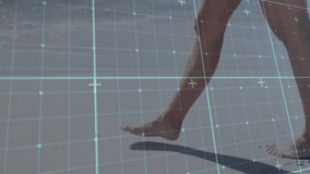 Woman stepping on wet sand activating AR grid, walking toward ocean raising arms embracing sunlight. Nature, beach, serenity, mindfulness, outdoor, leisure, digital - Powered by Shutterstock - Get 15% off with code: PIKWIZARD15