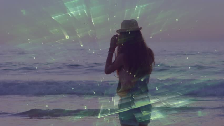 Single photographer raising camera at beach dusk, initiating glitching pixels as capturing sunset. Seascape, digital art, minimalist, serenity, creativity, sunset, abstraction