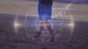 Woman walking barefoot on beach activating digital sphere around torso visualizing health data. Artificial intelligence, futuristic, serenity, innovation, digital art, contemplative, minimalism - Powered by Shutterstock - Get 15% off with code: PIKWIZARD15