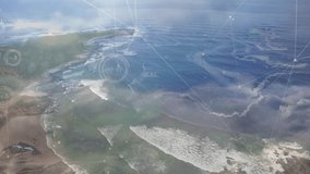 Ocean waves rolling toward shore initiating drone panning pulsing HUD for coastal visualization. Aerial, coastline, navigation, data visualization, marine, technology, landscape - Powered by Shutterstock - Get 15% off with code: PIKWIZARD15
