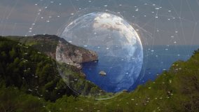 Drone capturing coastal cliff, digital globe forming over pine slope, rotating, visualizing data. Technology, data visualization, innovation, network, abstraction, landscape, analytics - Powered by Shutterstock - Get 15% off with code: PIKWIZARD15