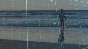 Senior woman entering frame at shoreline and activating digital grid overlay for mapping technology. Elderly, contemplative, reflective, digital, modern, serene, natural - Powered by Shutterstock - Get 15% off with code: PIKWIZARD15