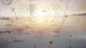 Sunset horizon glowing network nodes drifting and linking with highlights bars ships showing data. Seascape, abstract, futuristic, visualization, technology, tranquility, connectivity - Powered by Shutterstock - Get 15% off with code: PIKWIZARD15