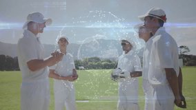 Cricket captain stepping forward raising ball while hologram streaming data guiding team briefing. Athletes, teamwork, innovation, sports, analytics, strategy, collaboration - Powered by Shutterstock - Get 15% off with code: PIKWIZARD15