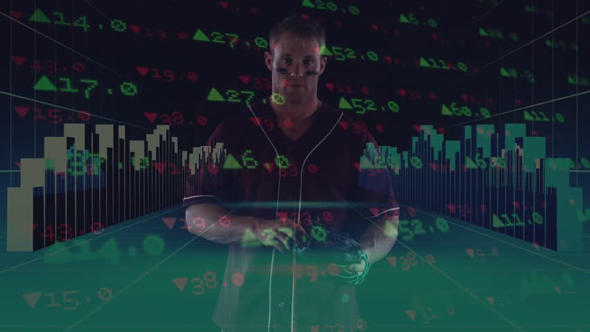Male athlete tossing baseball on holographic table and activating finance charts rising around him. Sports, data visualization, holography, digital analytics, innovation, performance, technology
