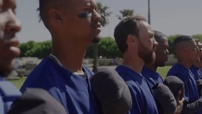 Football lineup standing on field starting digital node near jaw then linking lines mapping stats. Athletes, teamwork, data visualization, sports analytics, outdoor, modern, strength - Powered by Shutterstock - Get 15% off with code: PIKWIZARD15