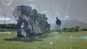 Coach scrolling tablet guiding baseball players fielding, stats overlay showing speed and angle. Athletes, teamwork, training, analytics, outdoor, performance, sports - Powered by Shutterstock - Get 15% off with code: PIKWIZARD15