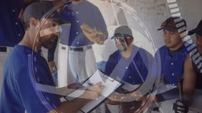 Coach writing on clipboard and pointing to baseball players, with animated icons marking positions. Sports, team, strategy, coaching, athletic, training, teamwork - Powered by Shutterstock - Get 15% off with code: PIKWIZARD15