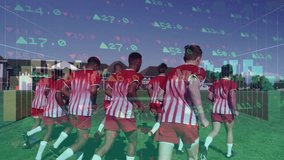 Warm-up starting, teenage soccer team jogging forward with animated tech charts tracking stats. Athletes, teamwork, outdoor, vibrant, motivation, fitness, youth - Powered by Shutterstock - Get 15% off with code: PIKWIZARD15