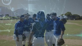 Catcher raising hand directing team on mound as animated charts unfolding for baseball strategy. Team, teamwork, strategy, analytics, sports, digital, communication - Powered by Shutterstock - Get 15% off with code: PIKWIZARD15