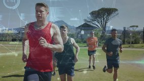 Camera tracking running team jogging on field, generating AR overlays displaying fitness data. Athletes, teamwork, fitness, training, outdoor, innovation, technology - Powered by Shutterstock - Get 15% off with code: PIKWIZARD15