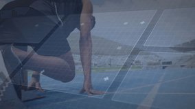 Male athlete pressing starting blocks on track launching digital HUD analyzing sprint metrics. Performance, biomechanics, technology, innovation, sportswear, athletics, data analytics - Powered by Shutterstock - Get 15% off with code: PIKWIZARD15