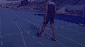 Male athlete walking under sports AR panel shifting weight into crouching start readying sprint. Athlete, sports, performance, technology, analytics, stadium, fitness - Powered by Shutterstock - Get 15% off with code: PIKWIZARD15