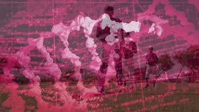 Five baseball players training fielding, ball causing fielder dropping knee, pink helix swirling. Athletics, teamwork, innovation, technology, sports, outdoor, determination - Powered by Shutterstock - Get 15% off with code: PIKWIZARD15