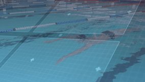 Male swimmer entering lane and initiating performance HUD tracking while executing freestyle stroke. Aquatic, sports, motion, futuristic, competition, training, fitness - Powered by Shutterstock - Get 15% off with code: PIKWIZARD15